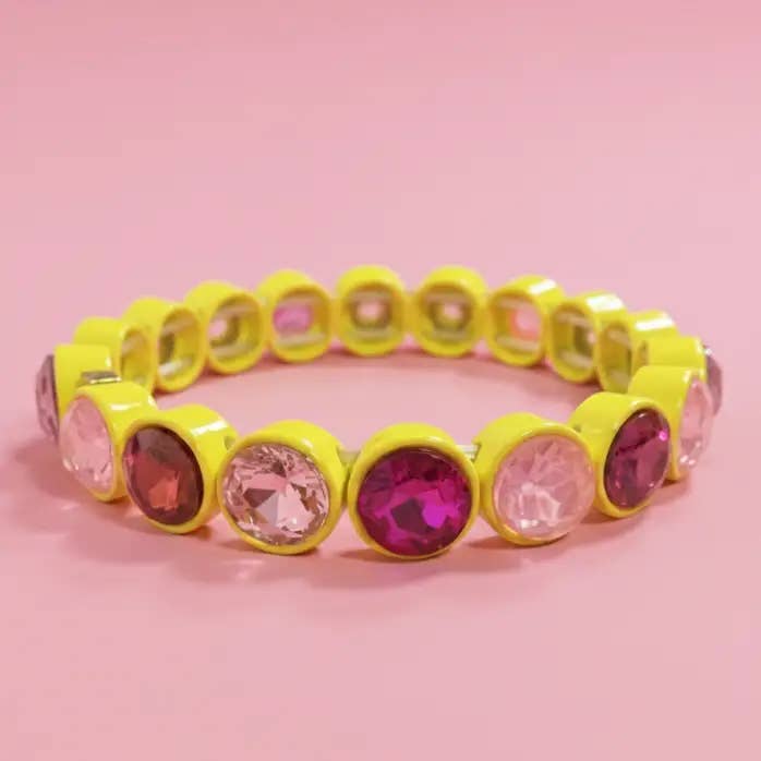 Yellow enamel stretch bracelet with circular pink and red gemstone settings