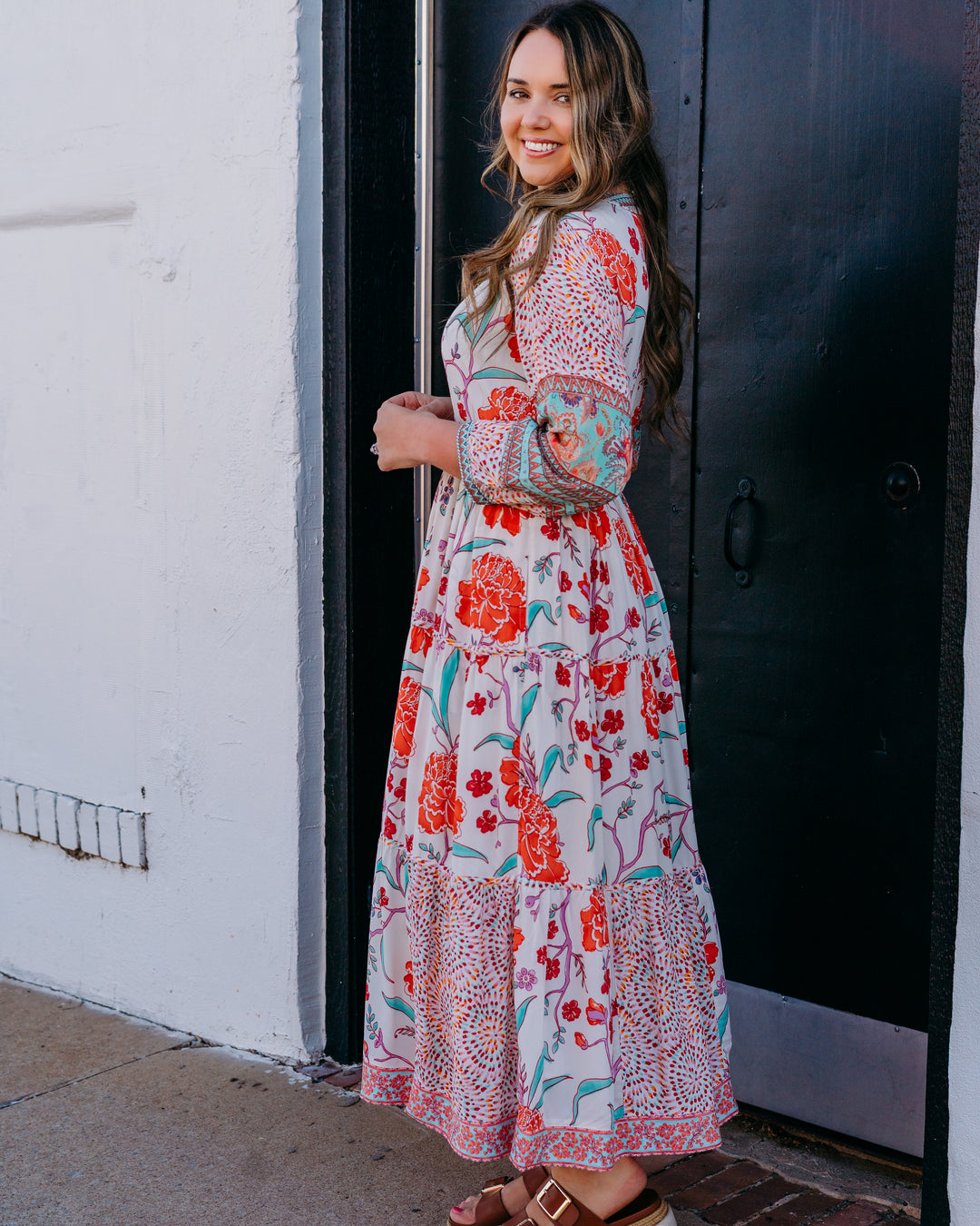 John Mark: Tiered Dress with Embroidered Waist & 3/4 Sleeves (J16353DM) - The Vogue Boutique