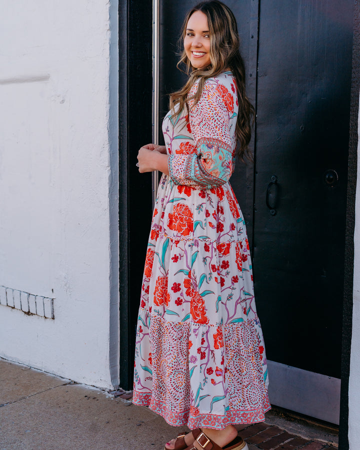 John Mark: Tiered Dress with Embroidered Waist & 3/4 Sleeves (J16353DM) - The Vogue Boutique