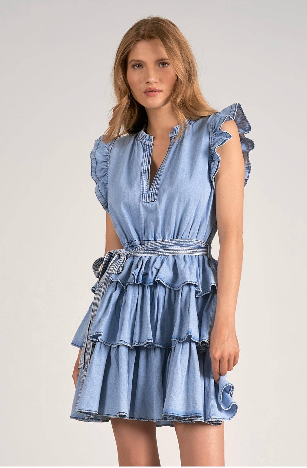 Elan: Blue Wash Short Ruffle Dress dw5983