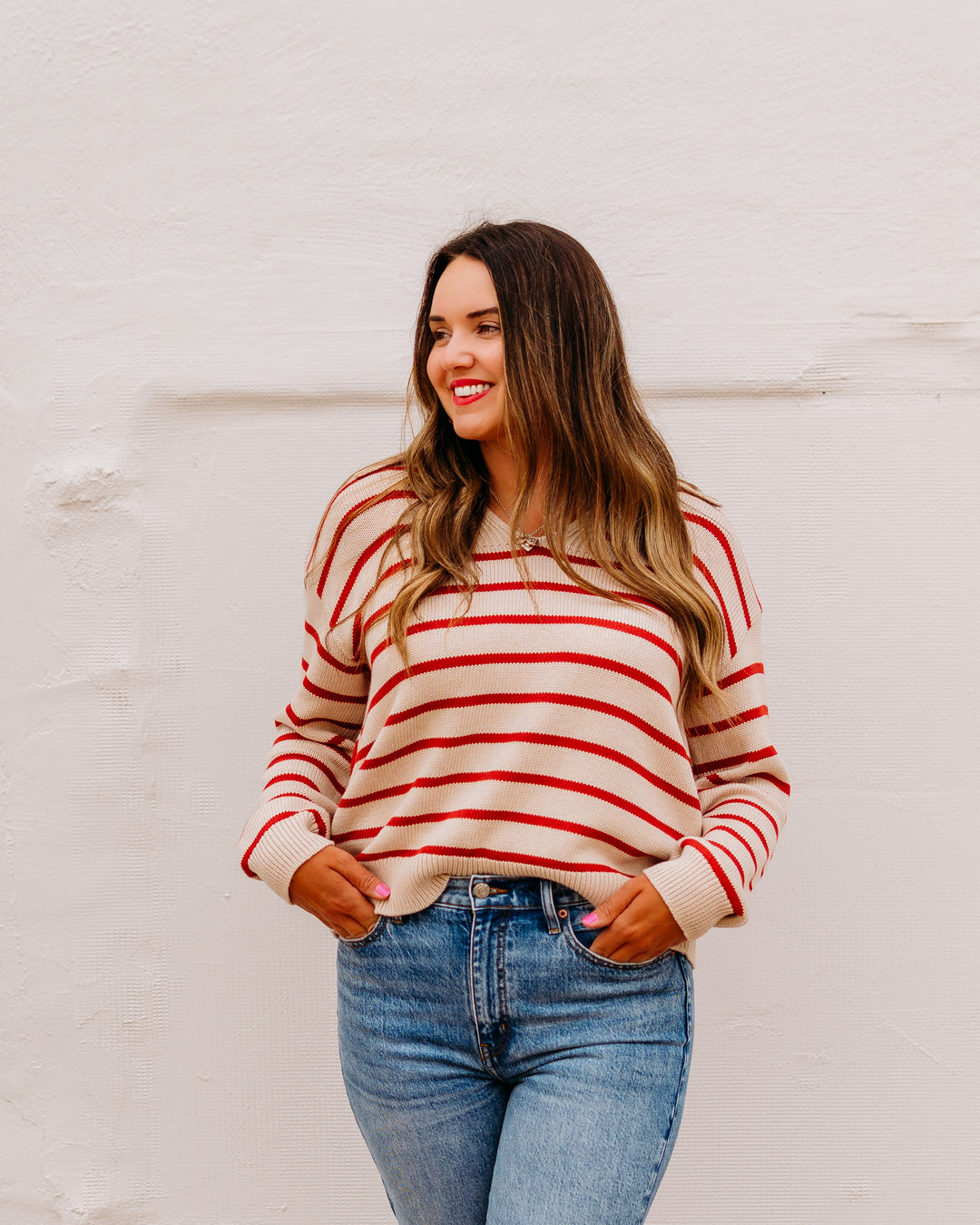 Karen Kane: Stripe Polo Sweater in Tomato