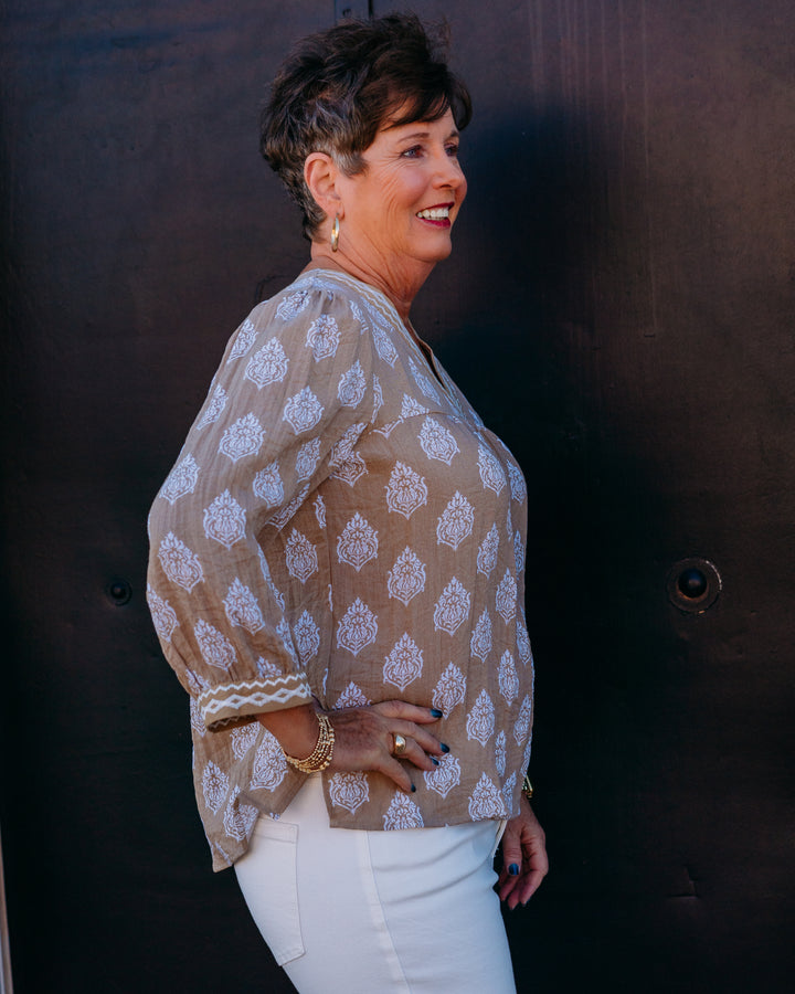 Multiples: Cuffed 3/4 Slv Banded V-Neck Top in Khaki (M26407TM)