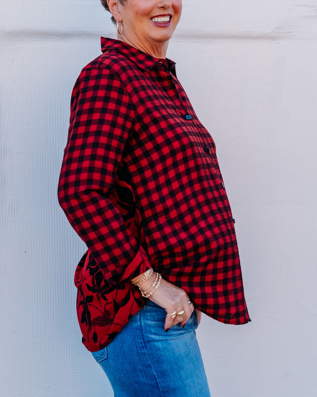 Multiples: Turn-up Cuff 3/4 Sleeve Button Front Woven Shirt in Multi (M45203BM)
