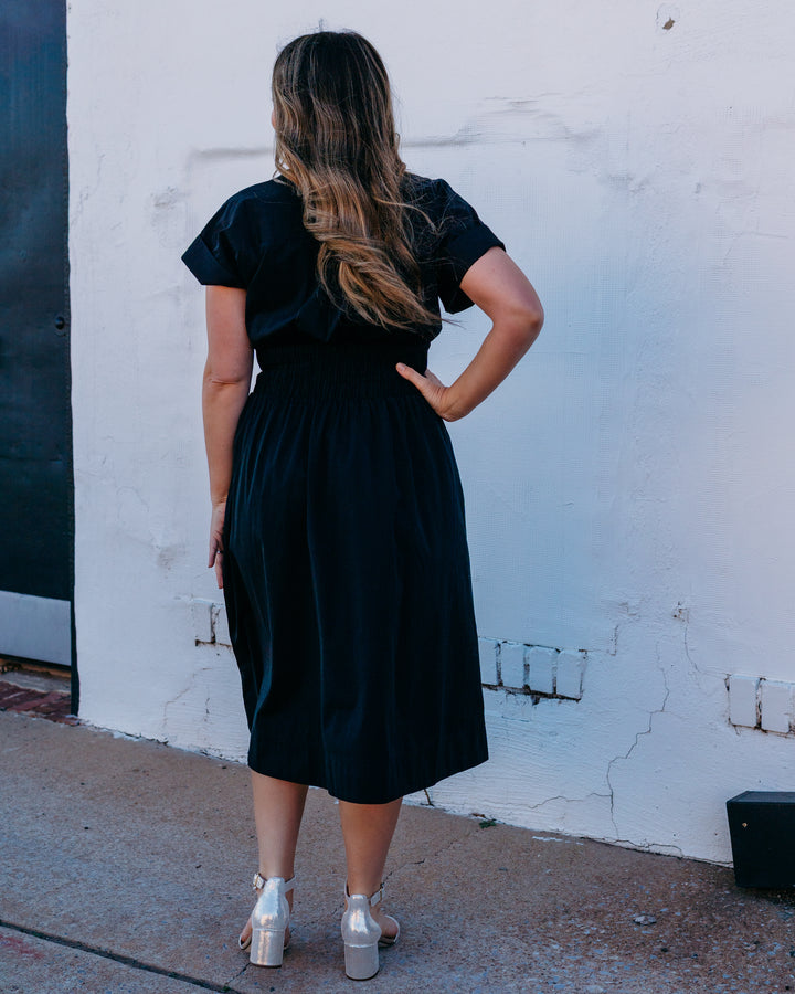 Spanx: Poplin Smocked Midi Shirt Dress in Classic Black (22366R) - The Vogue Boutique