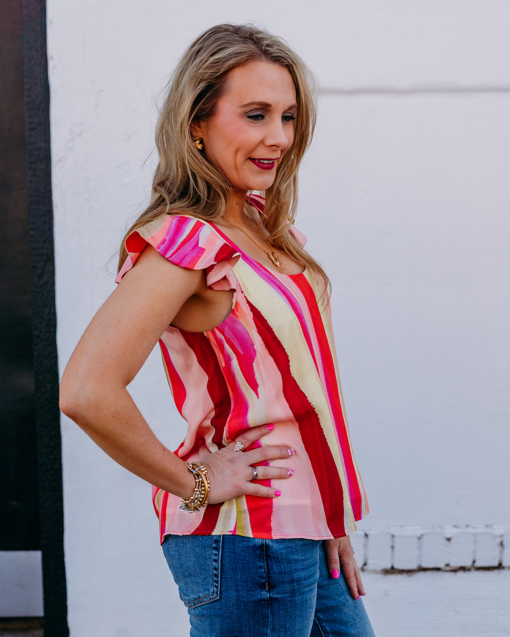 Liverpool: Flutter Sleeve Scoop Neck Woven Top in Pink Multi - The Vogue Boutique