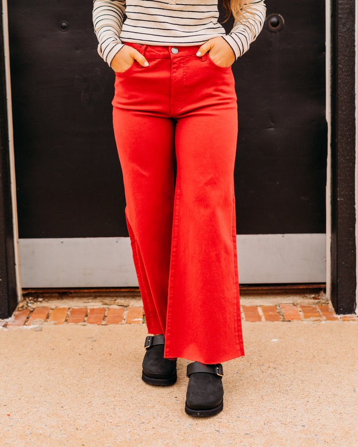 Kut: Meg High Rise Fab AB Wide Leg Raw in Ruby Red
