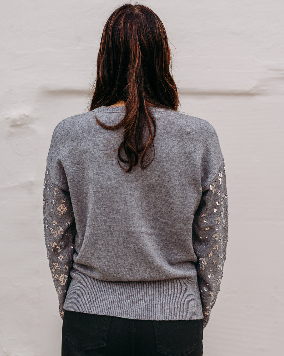 Charlie B: Drop Shoulder Sequined Crew Neck Sweater in Dark Grey