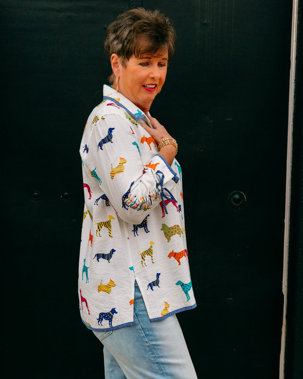 John Mark: Multi Dog Print Blouse With Cinch Sleeves (J26433BM) - The Vogue Boutique