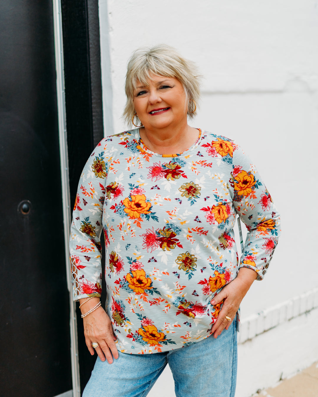 Multiples: 3/4 Sleeve Scoop Neck Top W/ Lace trim in Multi (M35608TM)