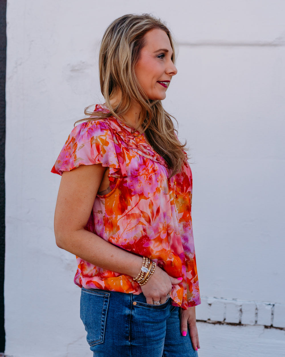 Liverpool: Flutter Sleeve Popover Woven Blouse W/ Ruffle in Orang/ Pink Mlt - The Vogue Boutique