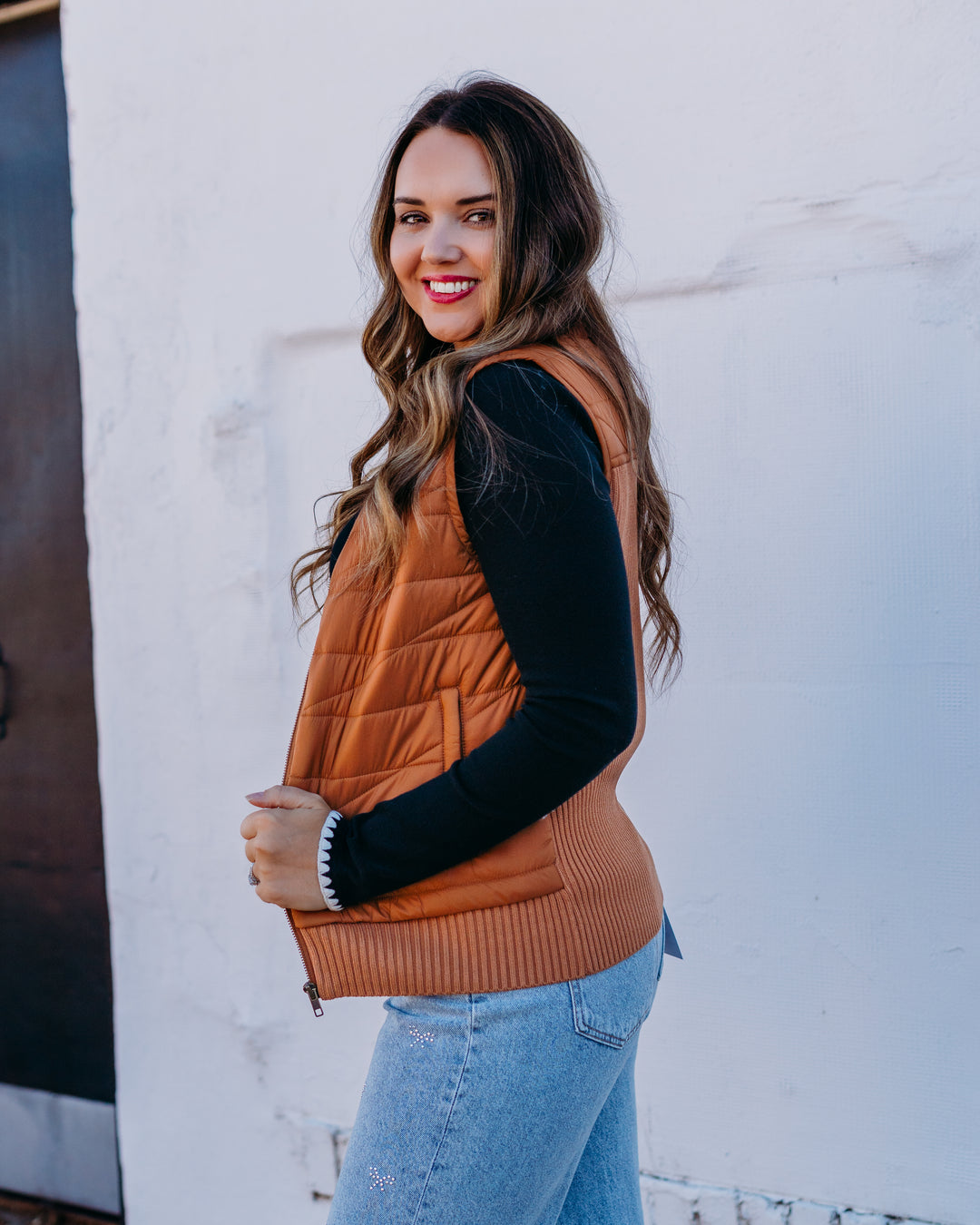 Liverpool: Sleeveless Quilted Front Full Zip Sweater Vest in Tumeric