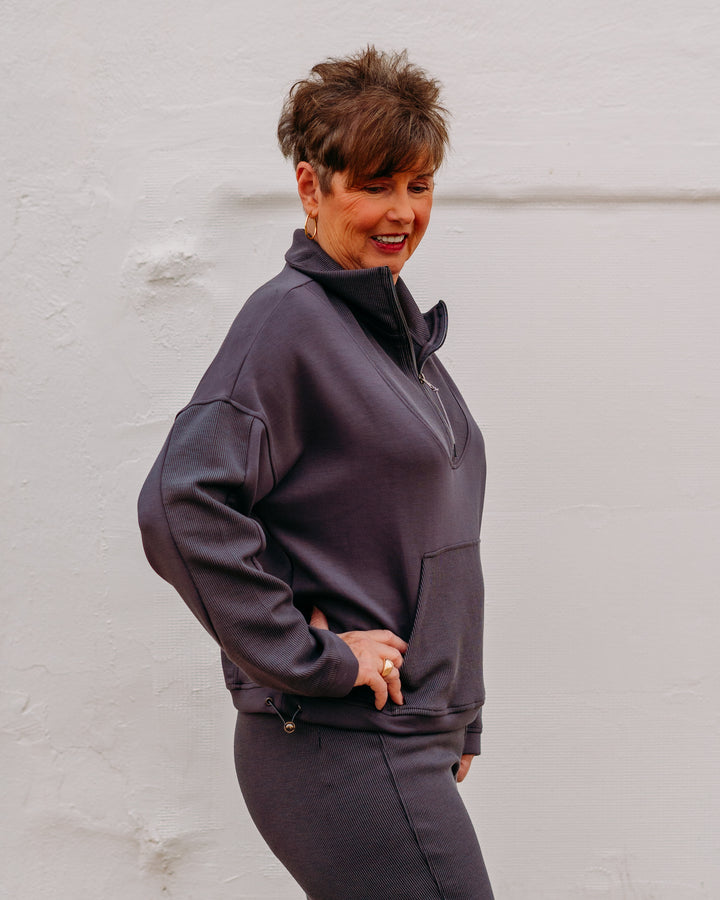 Tribal: Long Sleeve Mock Neck Top W/ Zipper in Charcoal (22360-3390)