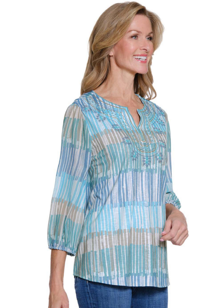 Multiples: 3/4 Sleeve Notch Neck Embroidered Top (M35406TM)