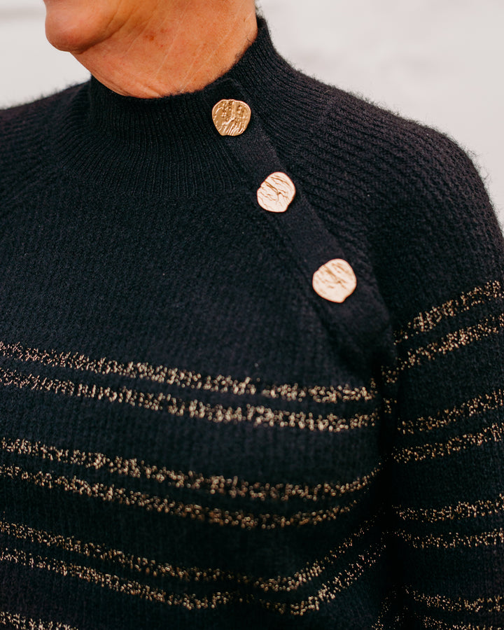 Charlie B: Striped Mock Neck Reglan Sleeves Sweater With Button Details in Black