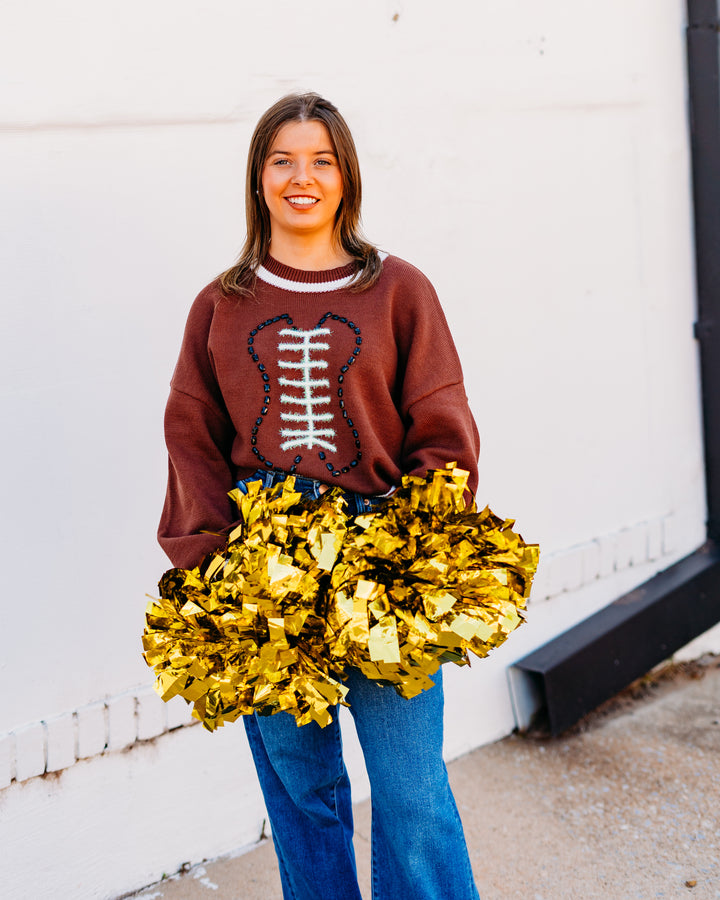 Queen Of Sparkles: Football Sweater in Brown