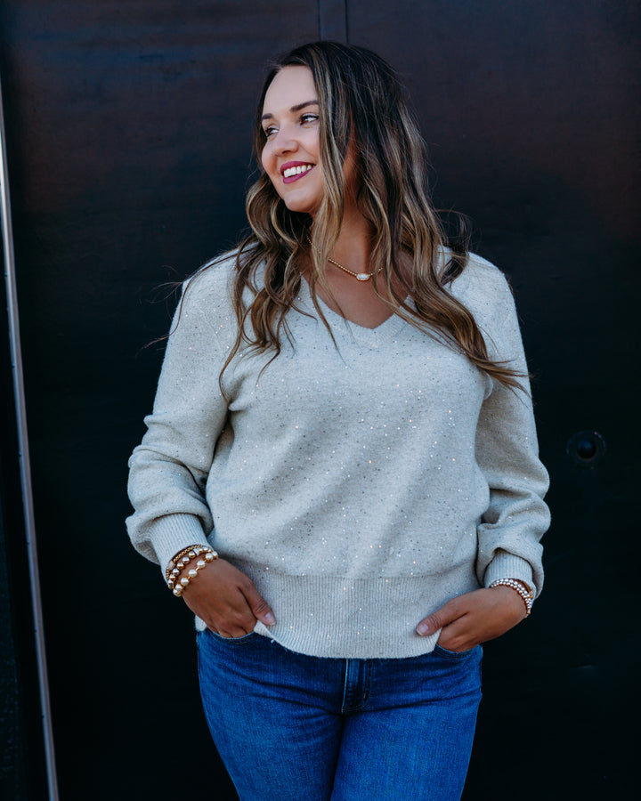 Karen Kane: Sequin V-Neck Sweater in Sand 3L89982