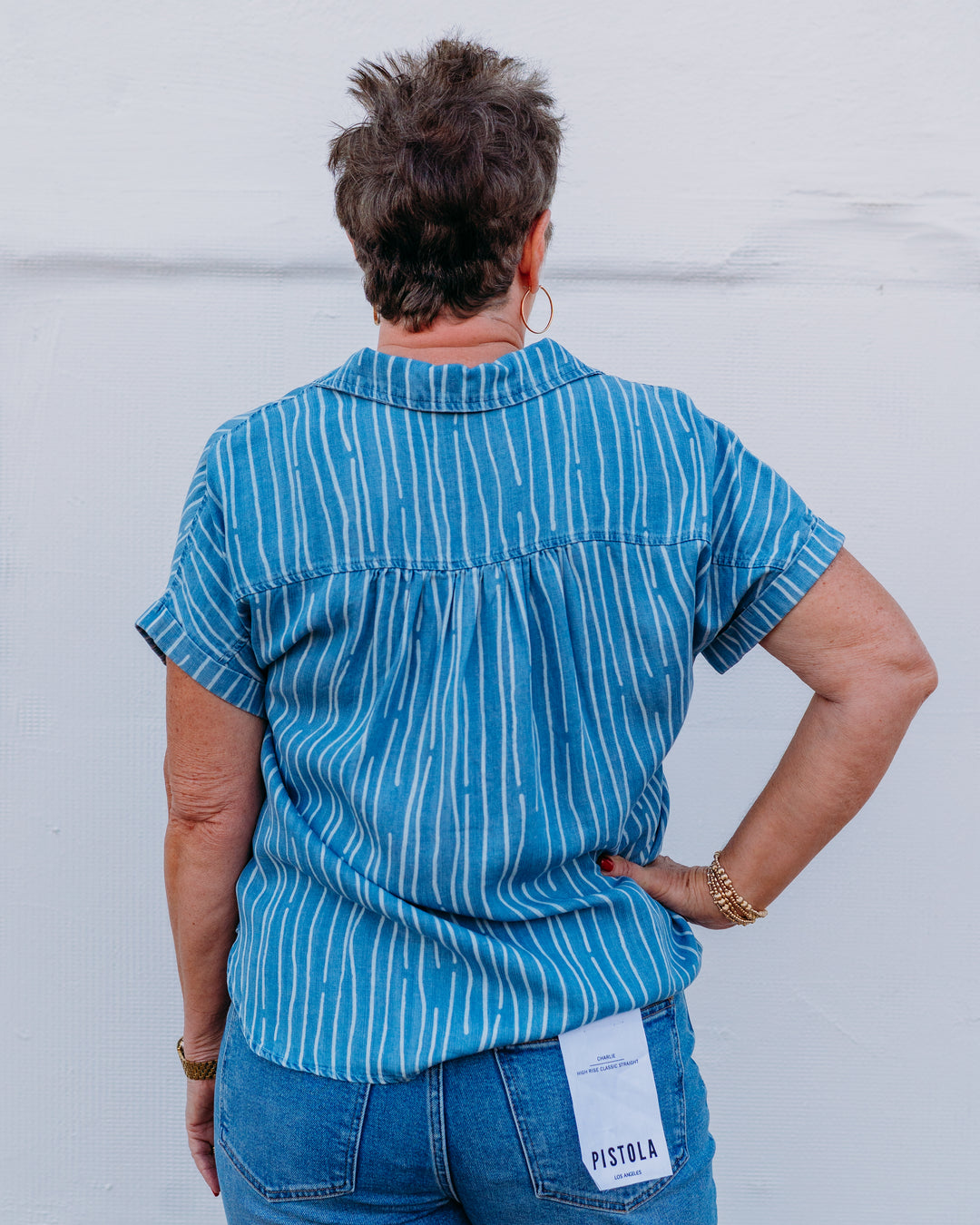 Multiples: (Freedom Rings) Twill & Print Denim Popover Top - Light Indigo Print (M26301TM)
