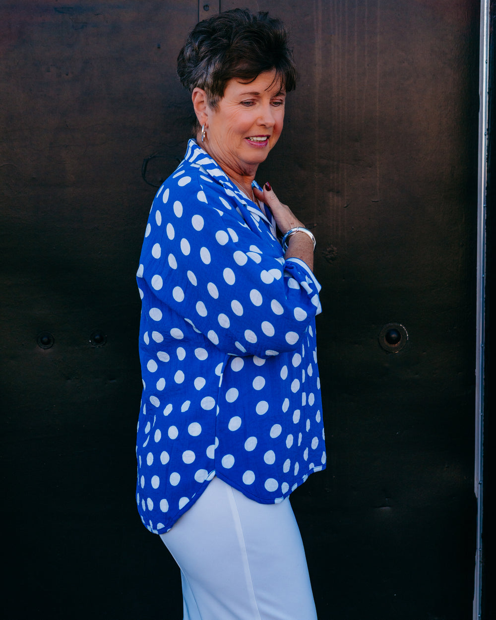 Multiples: Cuffed 3/4 Dolman Sleeve Front Band Neck Opening Top in Electric Blue (M26506TM) - The Vogue Boutique