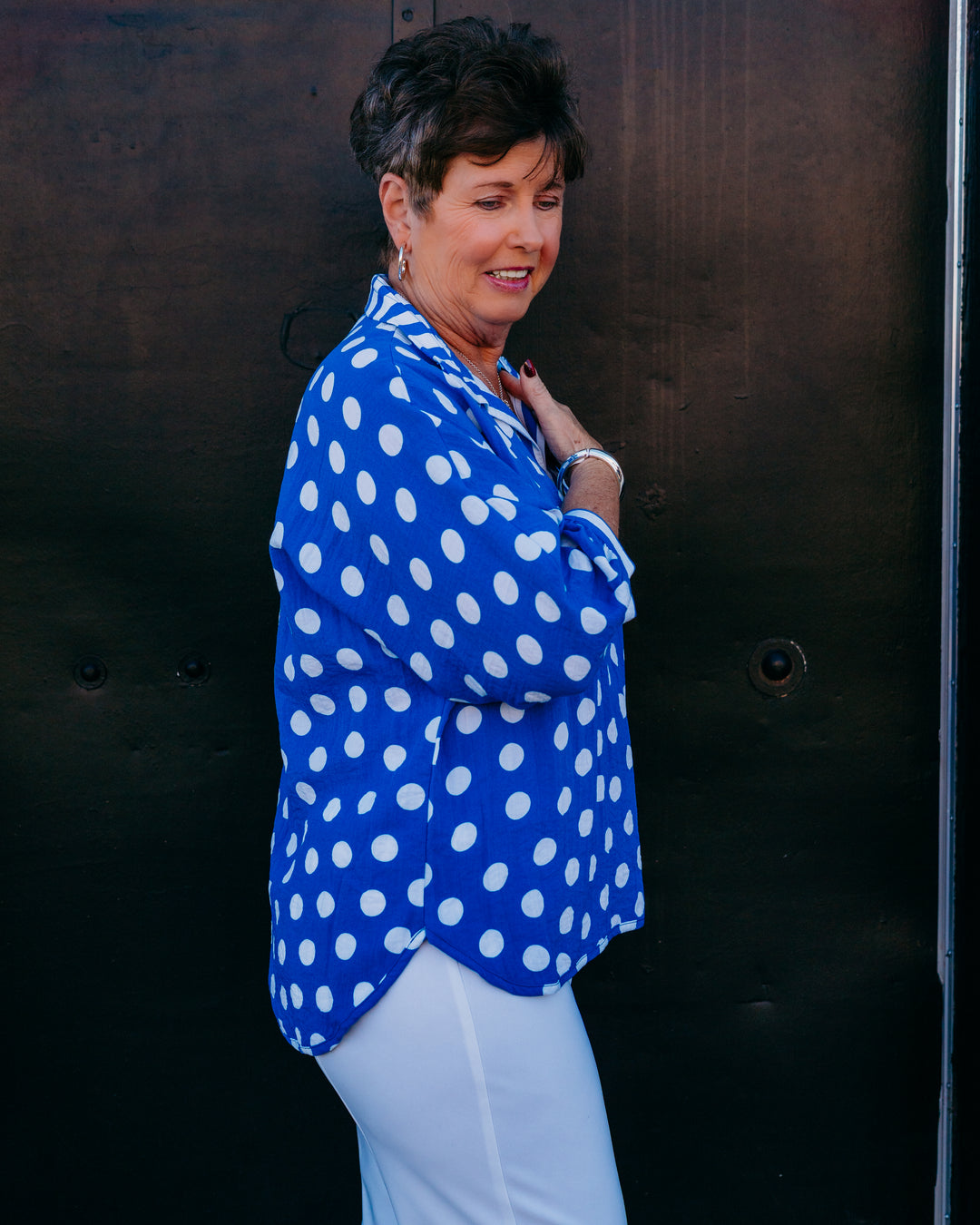 Multiples: Cuffed 3/4 Dolman Sleeve Front Band Neck Opening Top in Electric Blue (M26506TM) - The Vogue Boutique