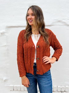 Glam: Cable Knit Sweater Cardigan in Camel