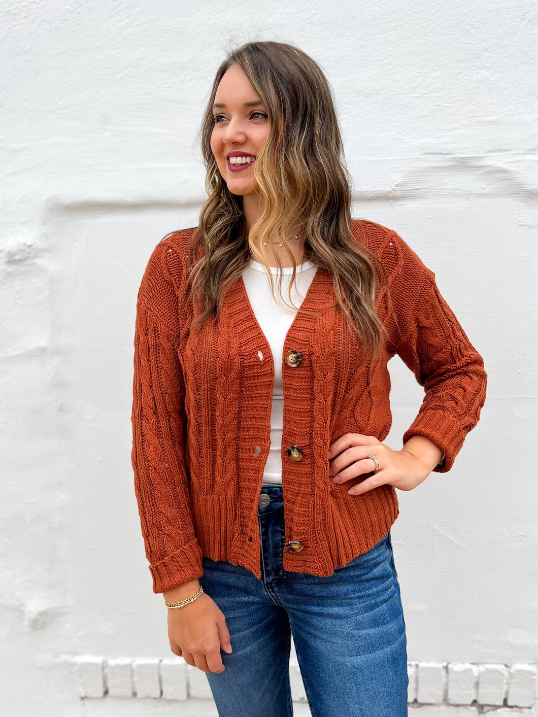 Glam: Cable Knit Sweater Cardigan in Camel