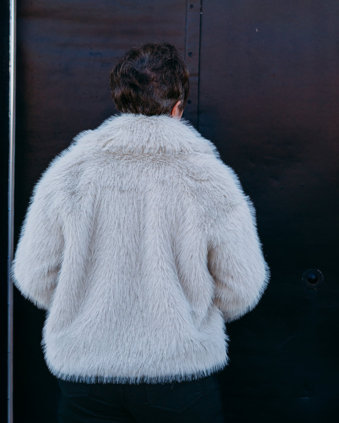 Karen Kane: Cropped Faux Fur Jacket in Stone