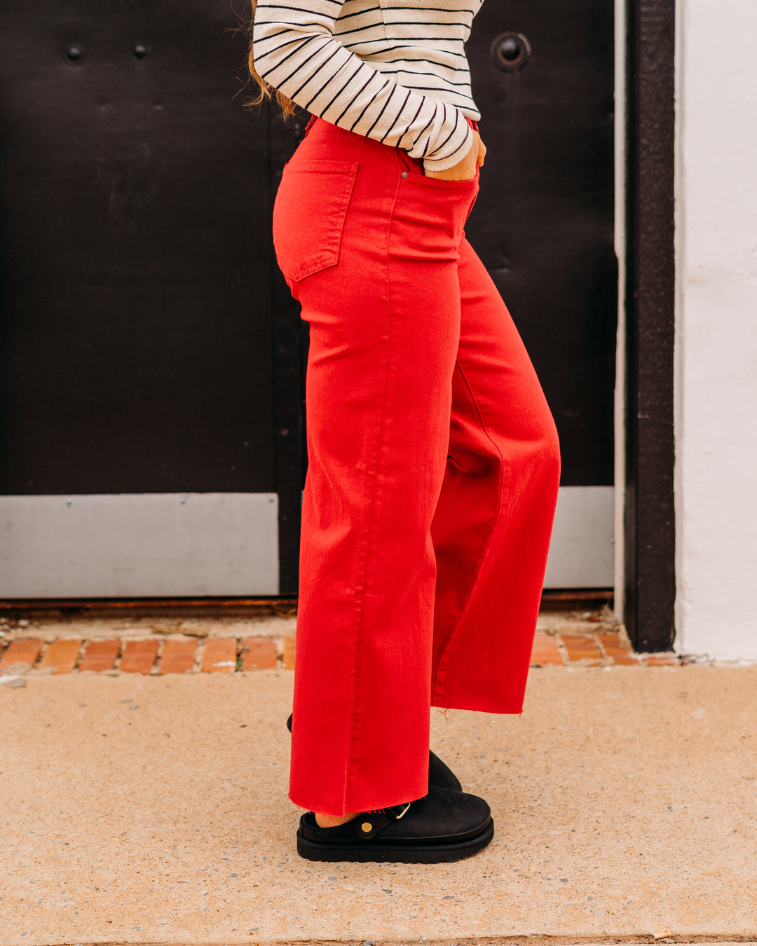 Kut: Meg High Rise Fab AB Wide Leg Raw in Ruby Red