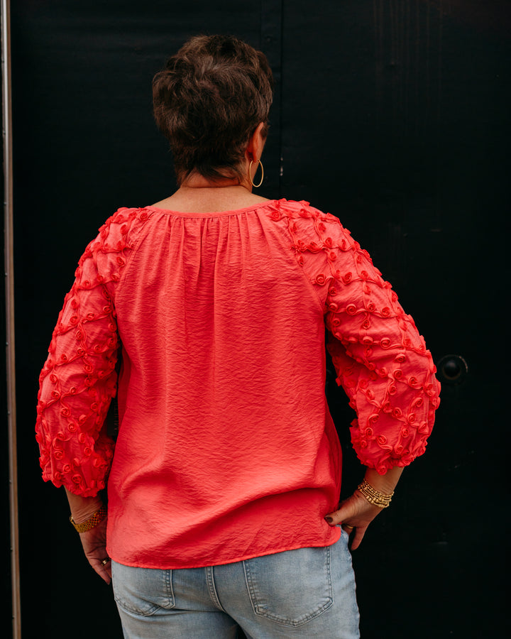 Multiples: 3/4 Puff Raglan Sleeve Wide Neck Peasant Top W/Strip Trim in Coral Pink