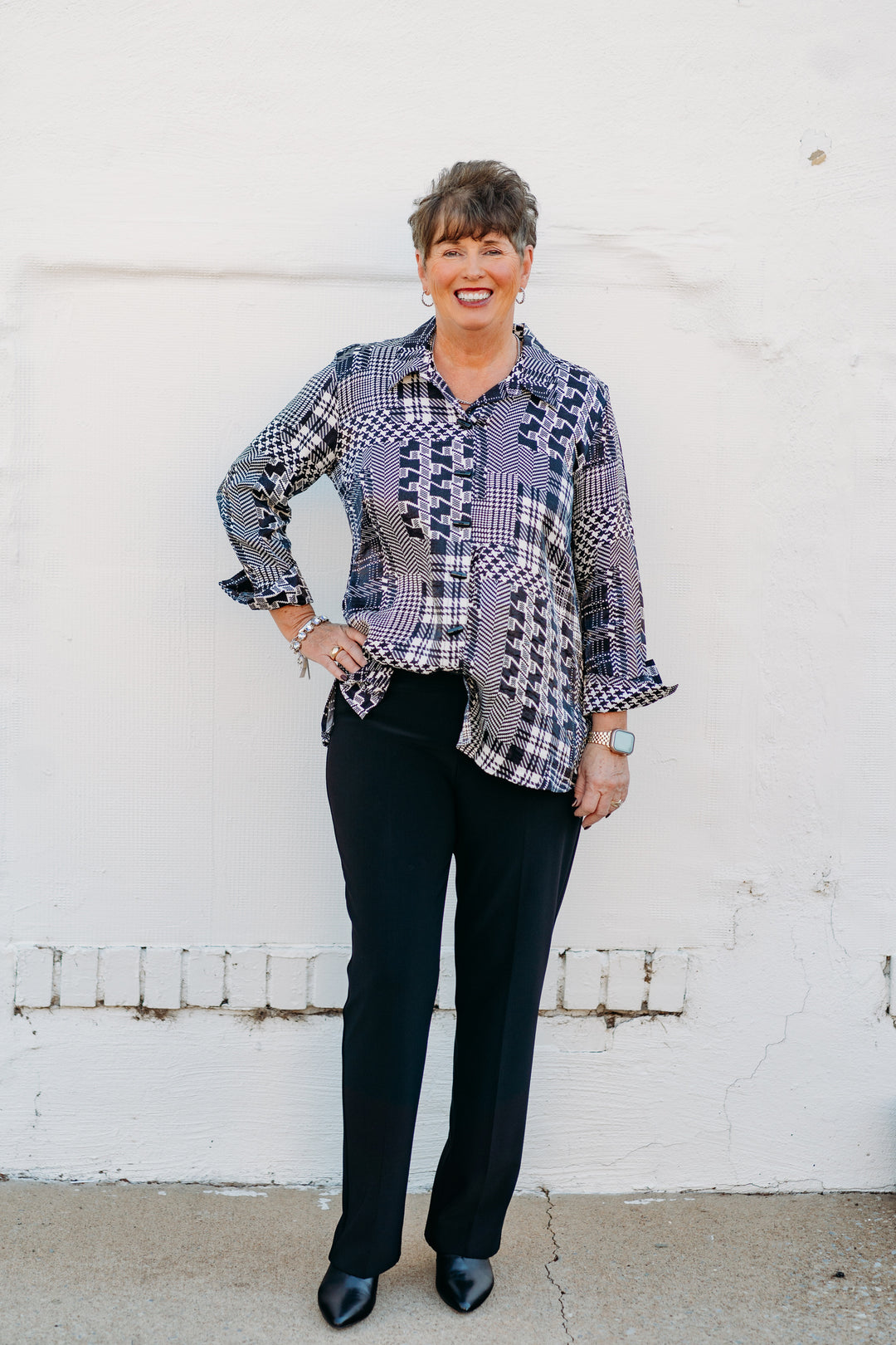 Multiples: Turn-Up Cuff 3/4 Sleeve Button Front & Back Hi-Lo Menswear Print Shimmer Woven Shirt M44313BM - 106 Snow