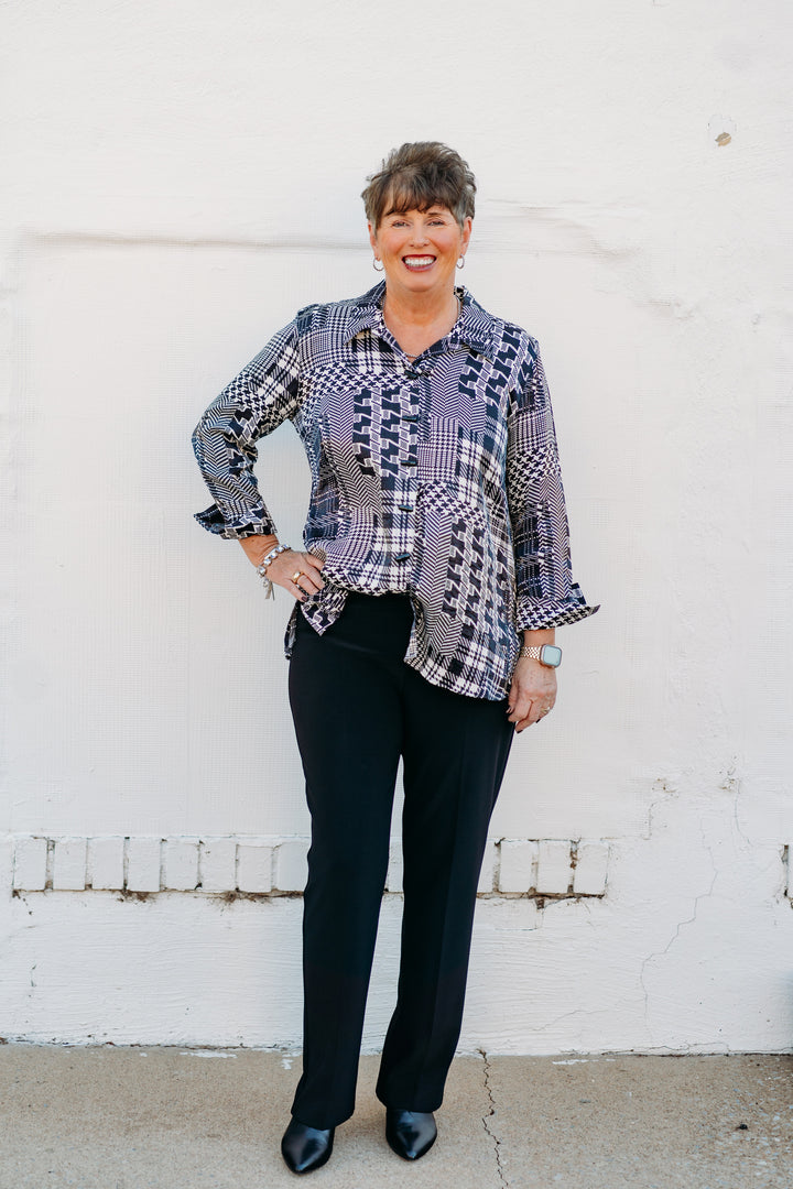 Multiples: Turn-Up Cuff 3/4 Sleeve Button Front & Back Hi-Lo Menswear Print Shimmer Woven Shirt M44313BM - 106 Snow