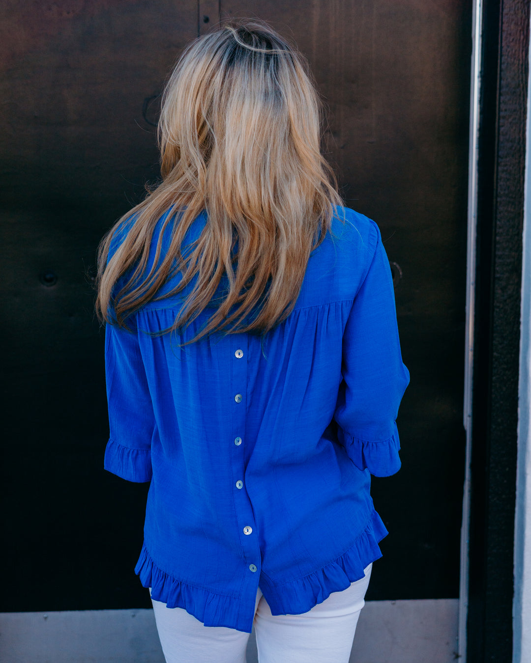 Multiples: Elbow Sleeve Scoop Neck Ruffle Hi-Lo Button Top in Electric Blue (M26511TM) - The Vogue Boutique