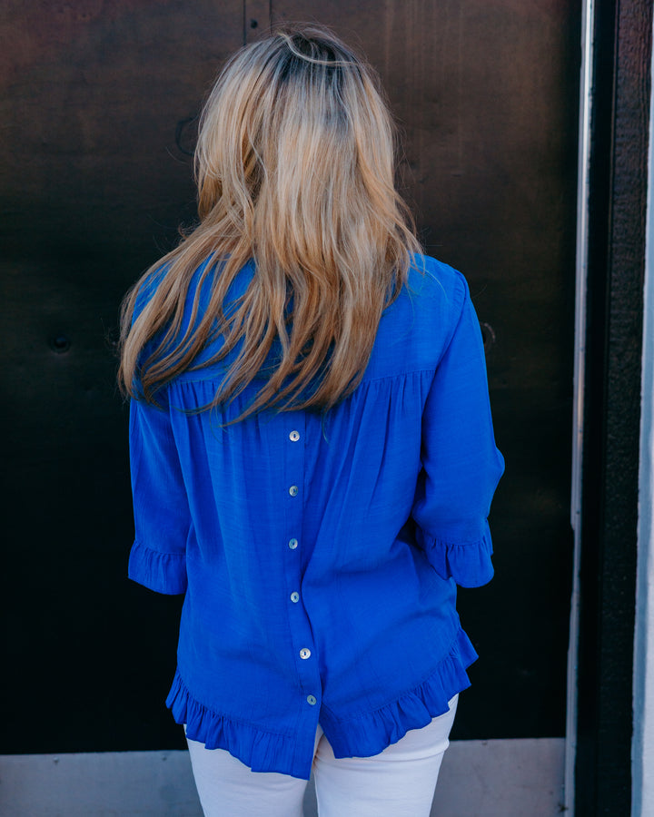 Multiples: Elbow Sleeve Scoop Neck Ruffle Hi-Lo Button Top in Electric Blue (M26511TM) - The Vogue Boutique
