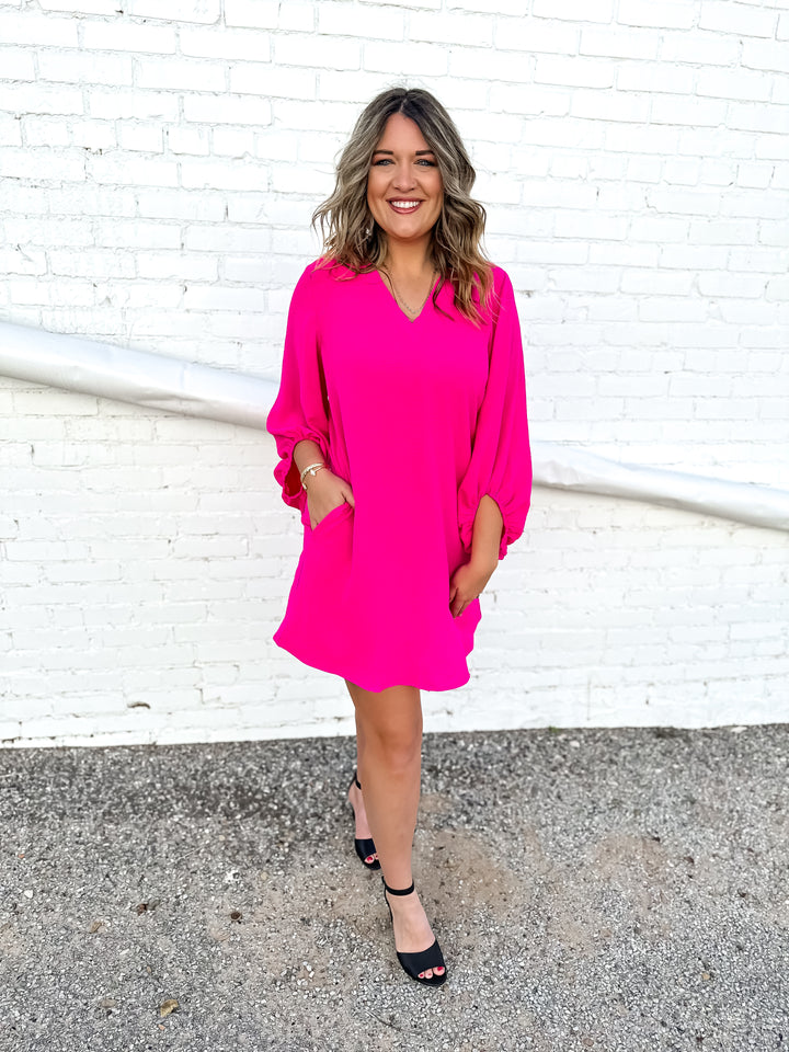 Ivy Jane: V-Neck Basic Dress in Hot Pink