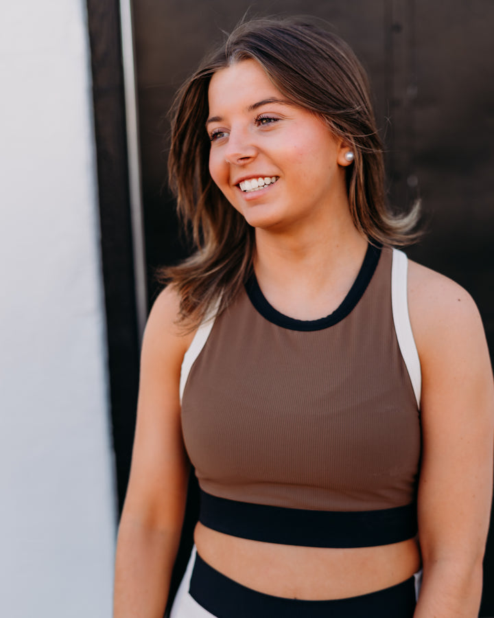 Glyder: Socialite Bra in Chocolate, Oatmilk, and Black