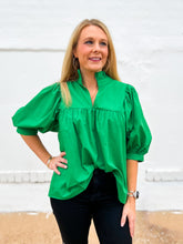 Load image into Gallery viewer, Jade: High Neck Puff Sleeve Top in Emerald 65J9784
