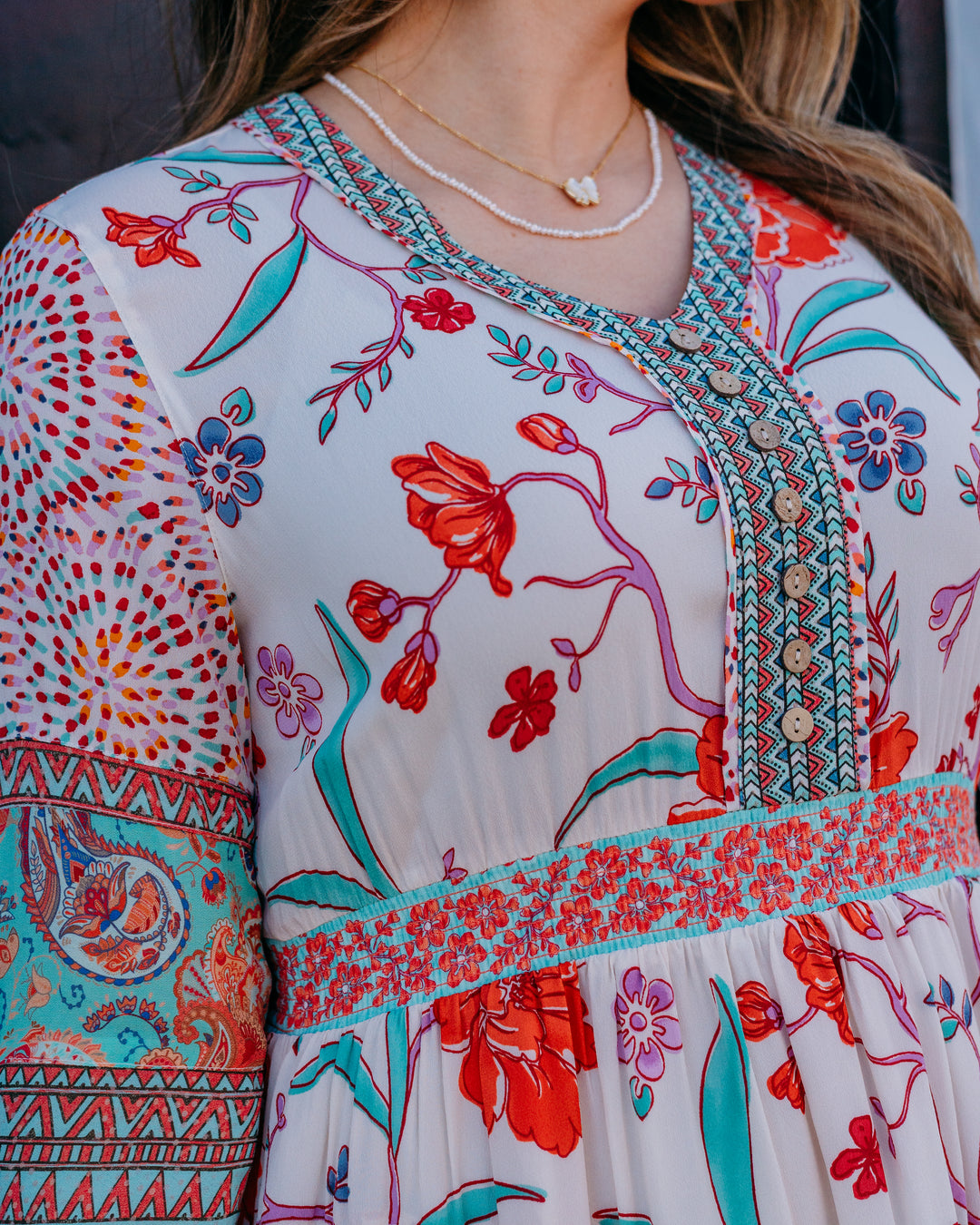 John Mark: Tiered Dress with Embroidered Waist & 3/4 Sleeves (J16353DM) - The Vogue Boutique