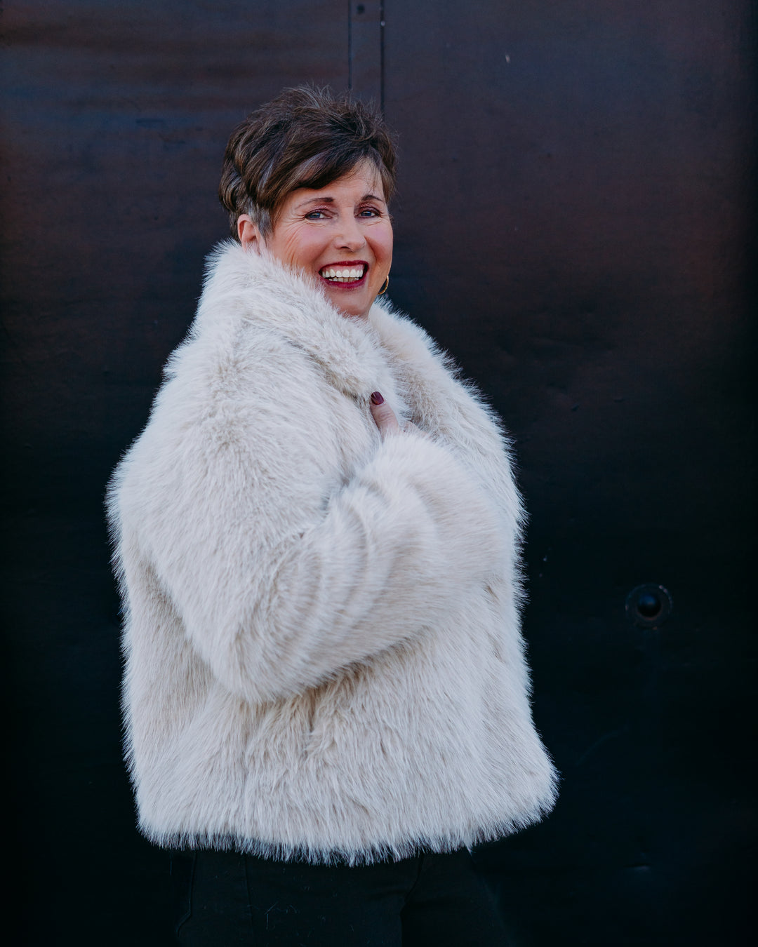 Karen Kane: Cropped Faux Fur Jacket in Stone