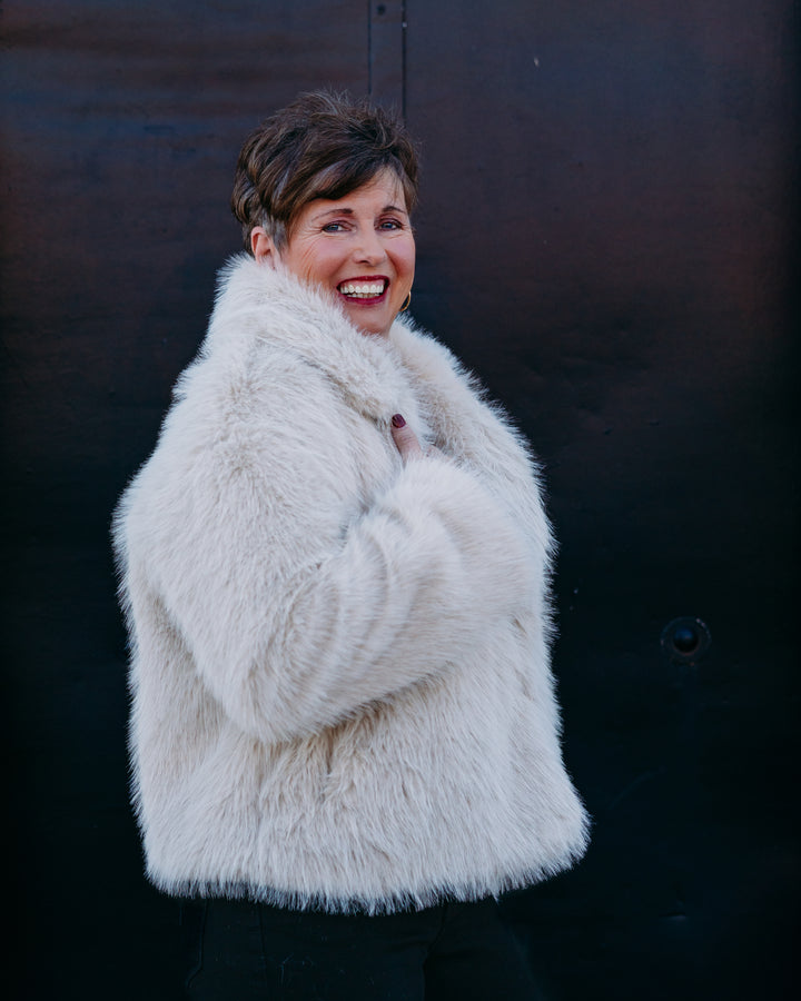 Karen Kane: Cropped Faux Fur Jacket in Stone