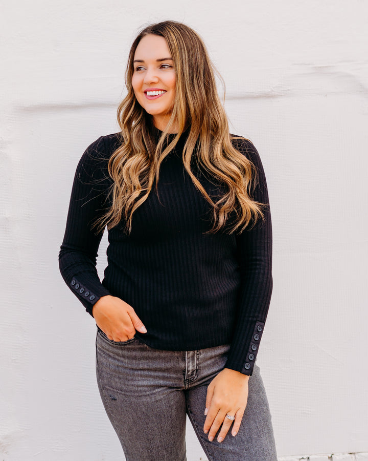 Liverpool: Long Sleeve Mock Neck Knit Top W/ Buttons in Black