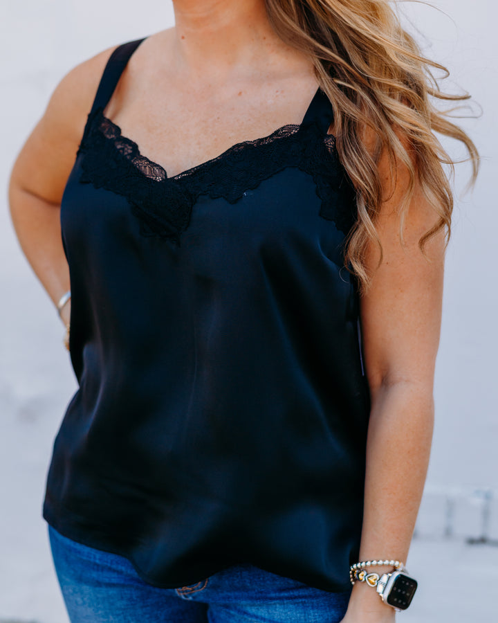 Liverpool: Woven Tank W/ Lace Trim in Black