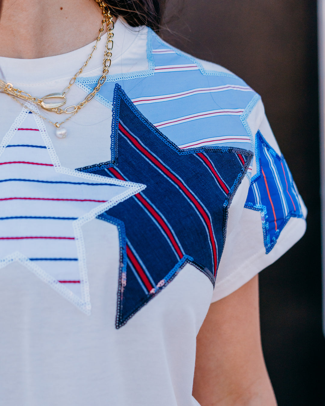 Queen Of Sparkles: White USA Stripe Patch Stars Tee in White (SUM26292)