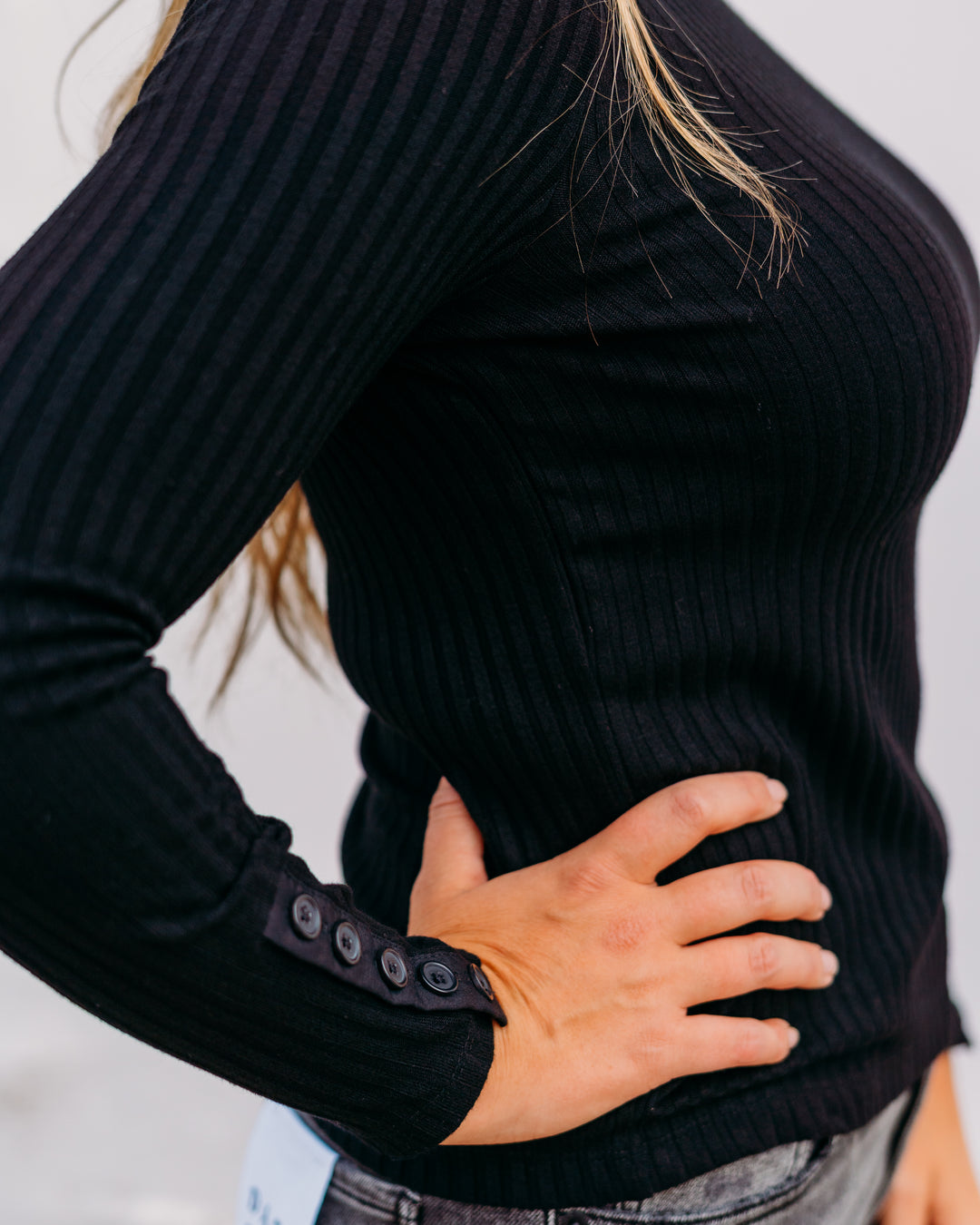 Liverpool: Long Sleeve Mock Neck Knit Top W/ Buttons in Black