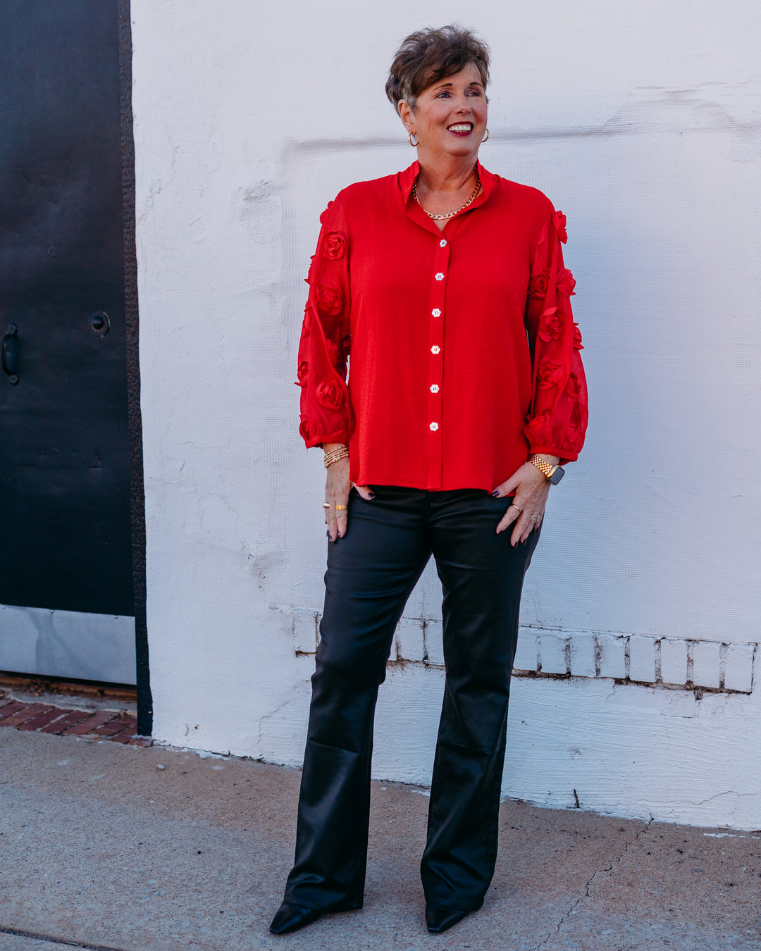 John Mark: Wire Collar Button Front Sheer Rosette in Scarlet J45646BM