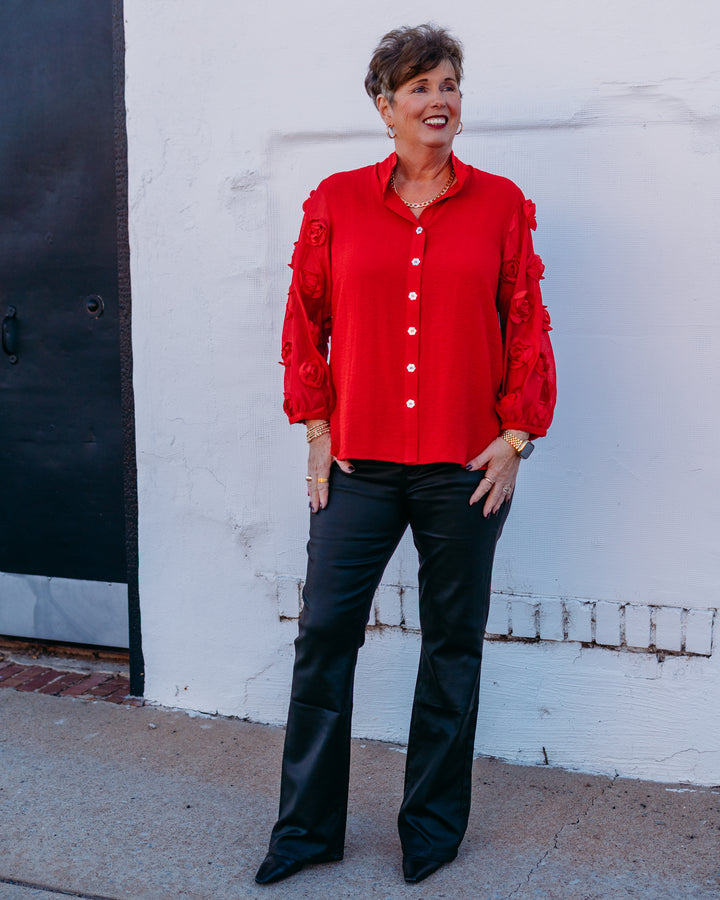 John Mark: Wire Collar Button Front Sheer Rosette in Scarlet J45646BM