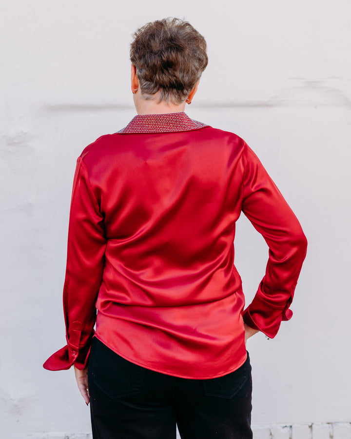 Joseph Ribkoff: Satin Button-Front Blouse with Embellished Collar in Deep Cherry (254926)