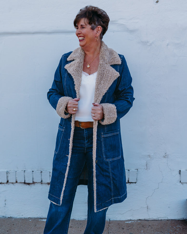 Liverpool: Sherpa Trimmed Notched Collar Jacket 38' in Rinse Wash