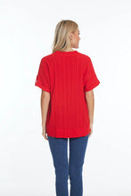Load image into Gallery viewer, Multiples: Roll Tab Dolman sleeve Y-Neck Solid Crinkle Woven Jacq Top in Red M24105TM
