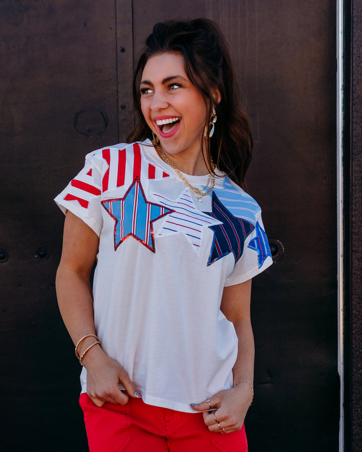 Queen Of Sparkles: White USA Stripe Patch Stars Tee in White (SUM26292)