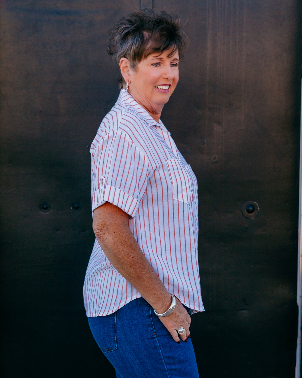 Multiples: Tab Cuff S/S 2-Pkt Johnny Collar Y-Nk Btn Frt Shirt in International Orange (M26501BM) - The Vogue Boutique