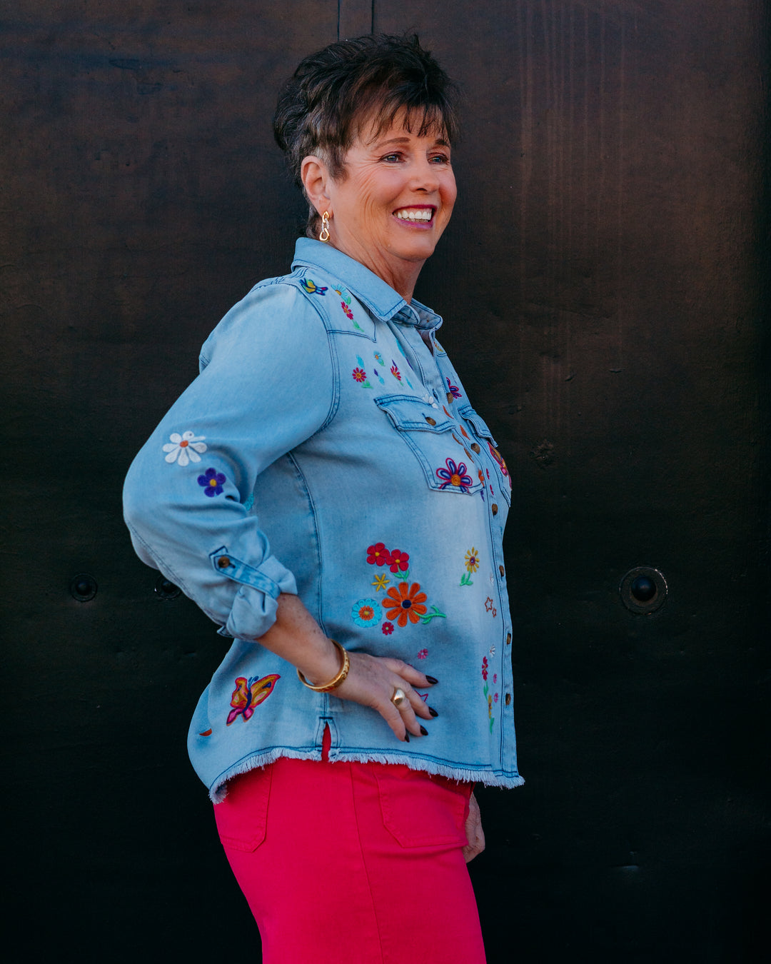 John Mark: Embroidered Blouse with Front Pockets & Roll Tab Sleeves in Multi (J16340BM) - The Vogue Boutique
